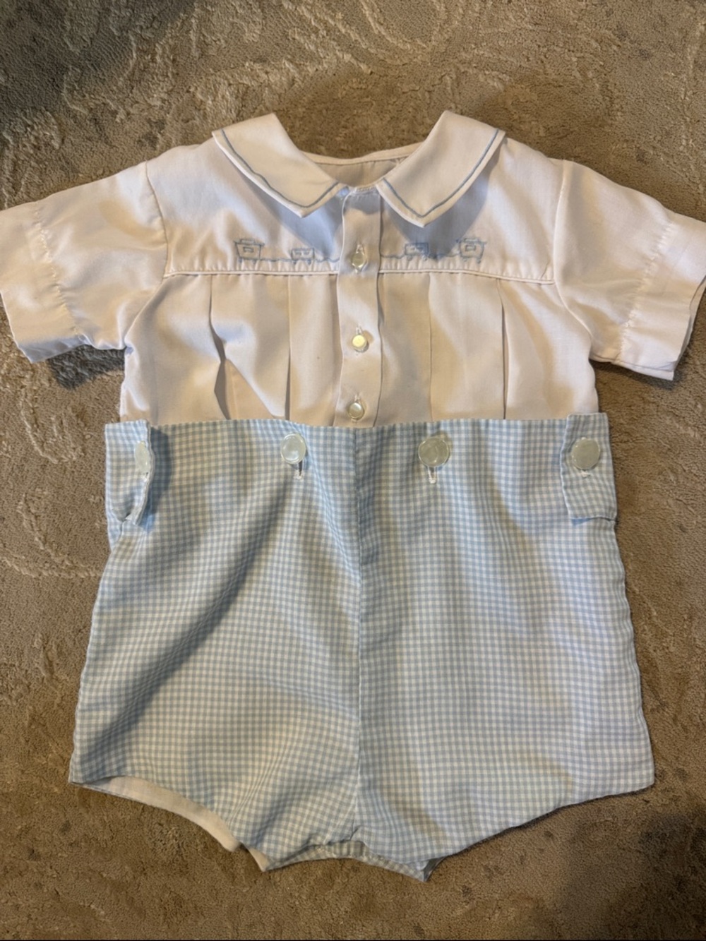 White & Light Blue Baby Boy Train Bubble Romper with Smocked Detail